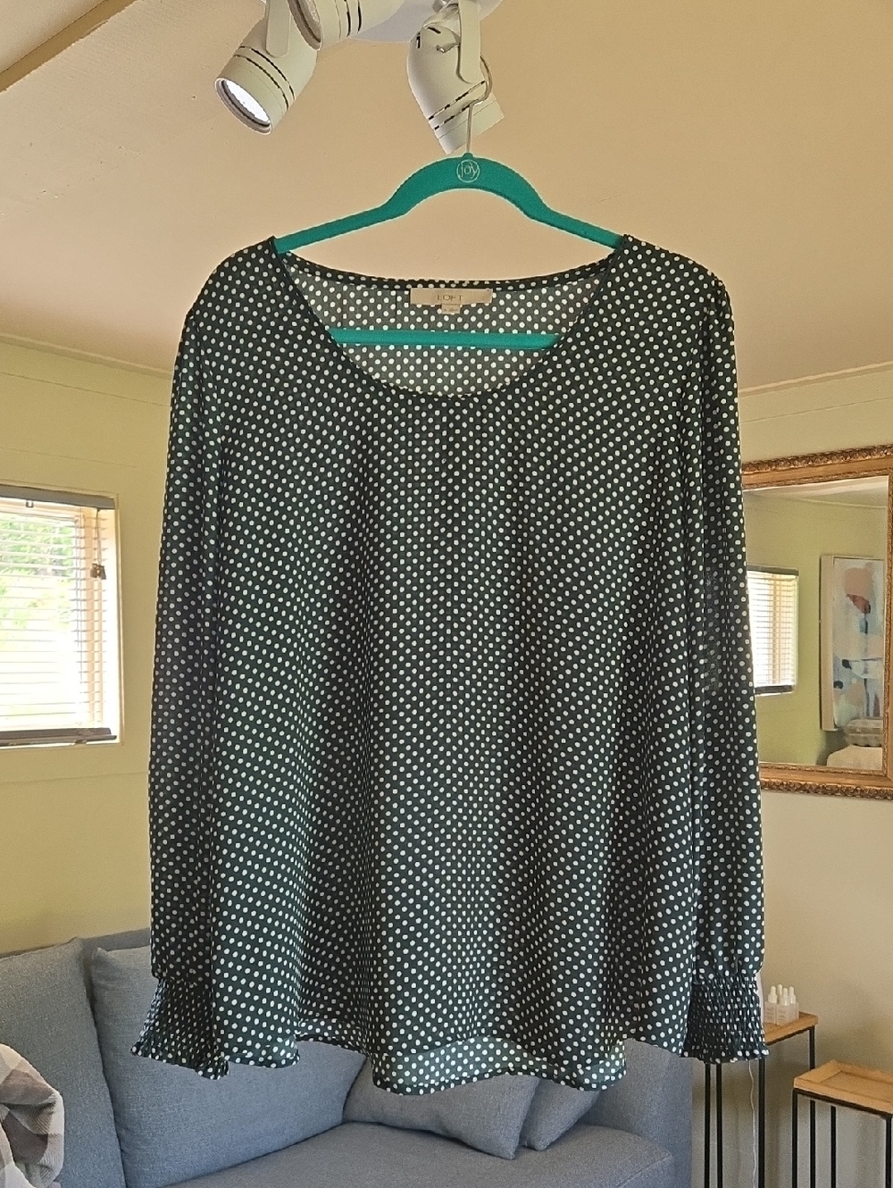 LOFT Green Polka Dot Long Sleeve Blouse